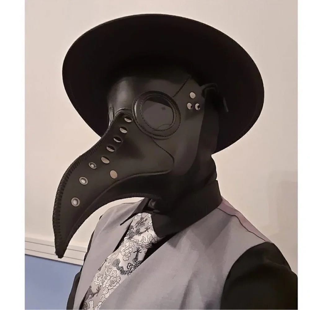 Black Leather Plague Doctor Gas Face Mask Slave Bondage BDSM Costume Cosplay NWT
